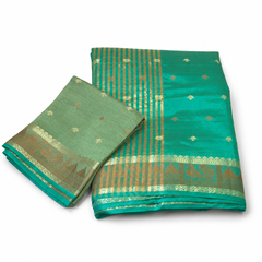 Dark Green Bangalore Silk Saree with Gold Peacock Border & Motifs