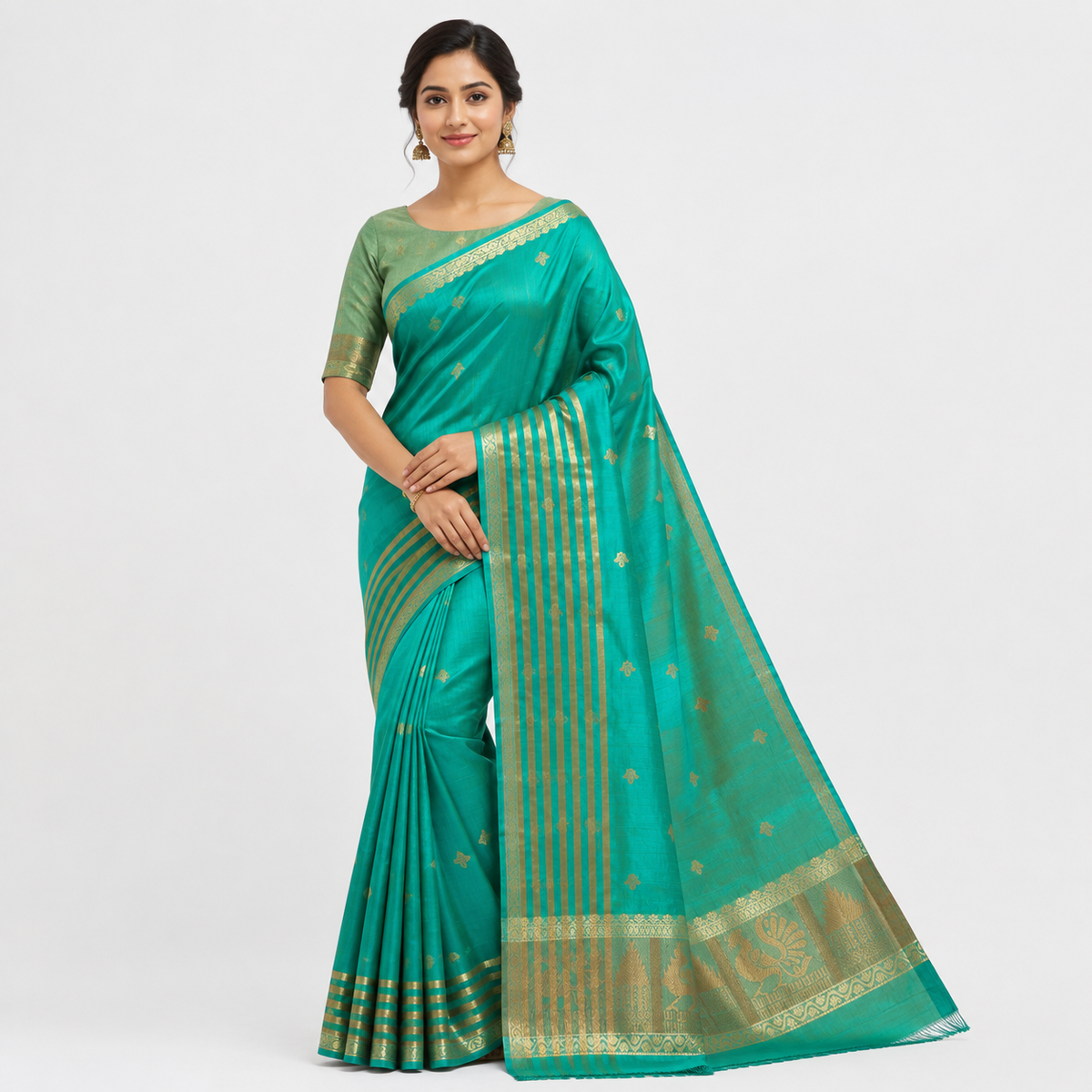 Dark Green Bangalore Silk Saree with Gold Peacock Border & Motifs