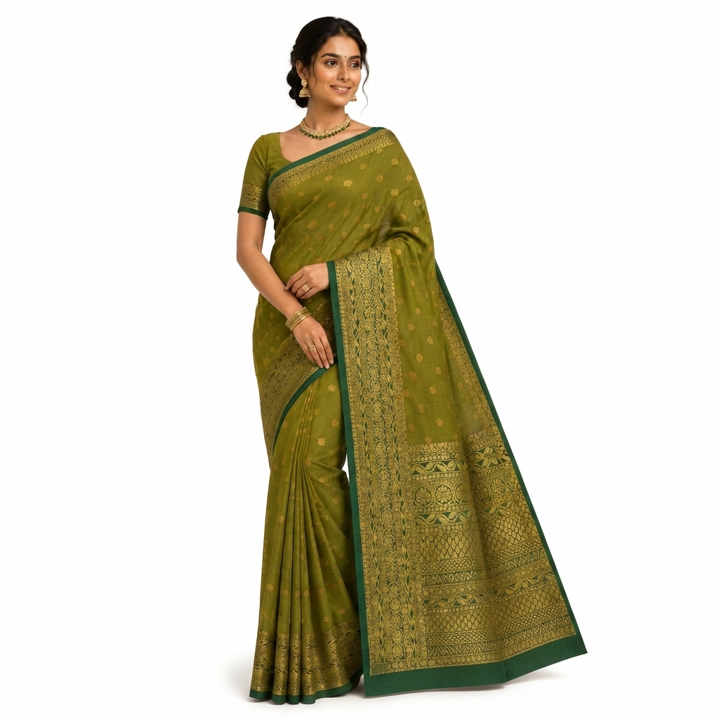 Light Green Bangalore Silk Saree with Gold Border & Motifs