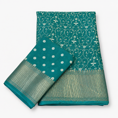 Graceful Green Crepe Chiffon Saree with Floral Print & Zari Border
