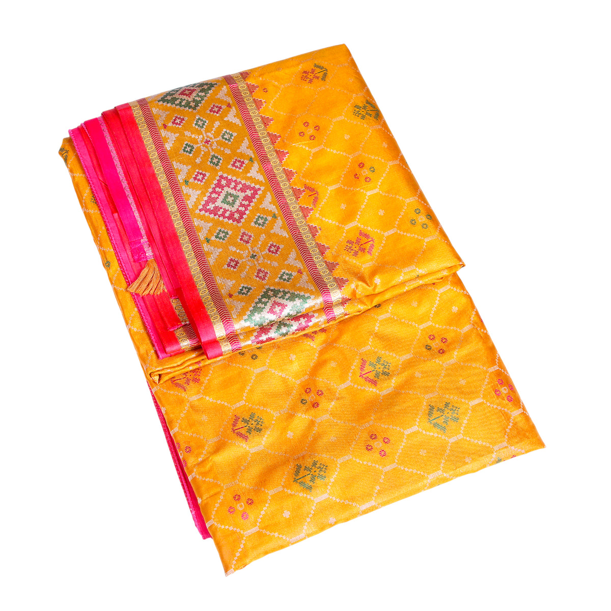 Yellow Silk Saree with Pink Border