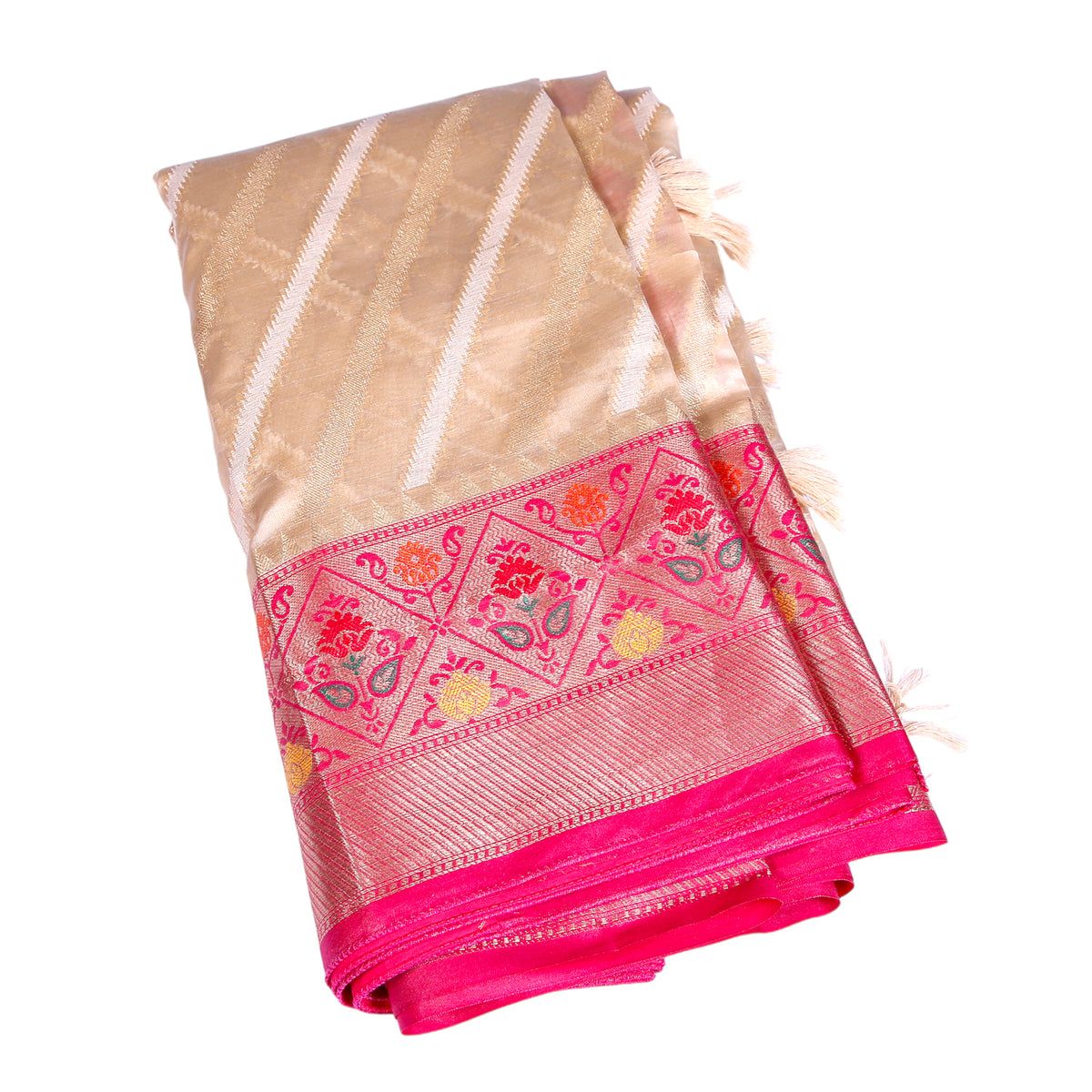 Beige Silk Saree with Pink Zari Border
