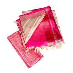 Beige Silk Saree with Pink Zari Border