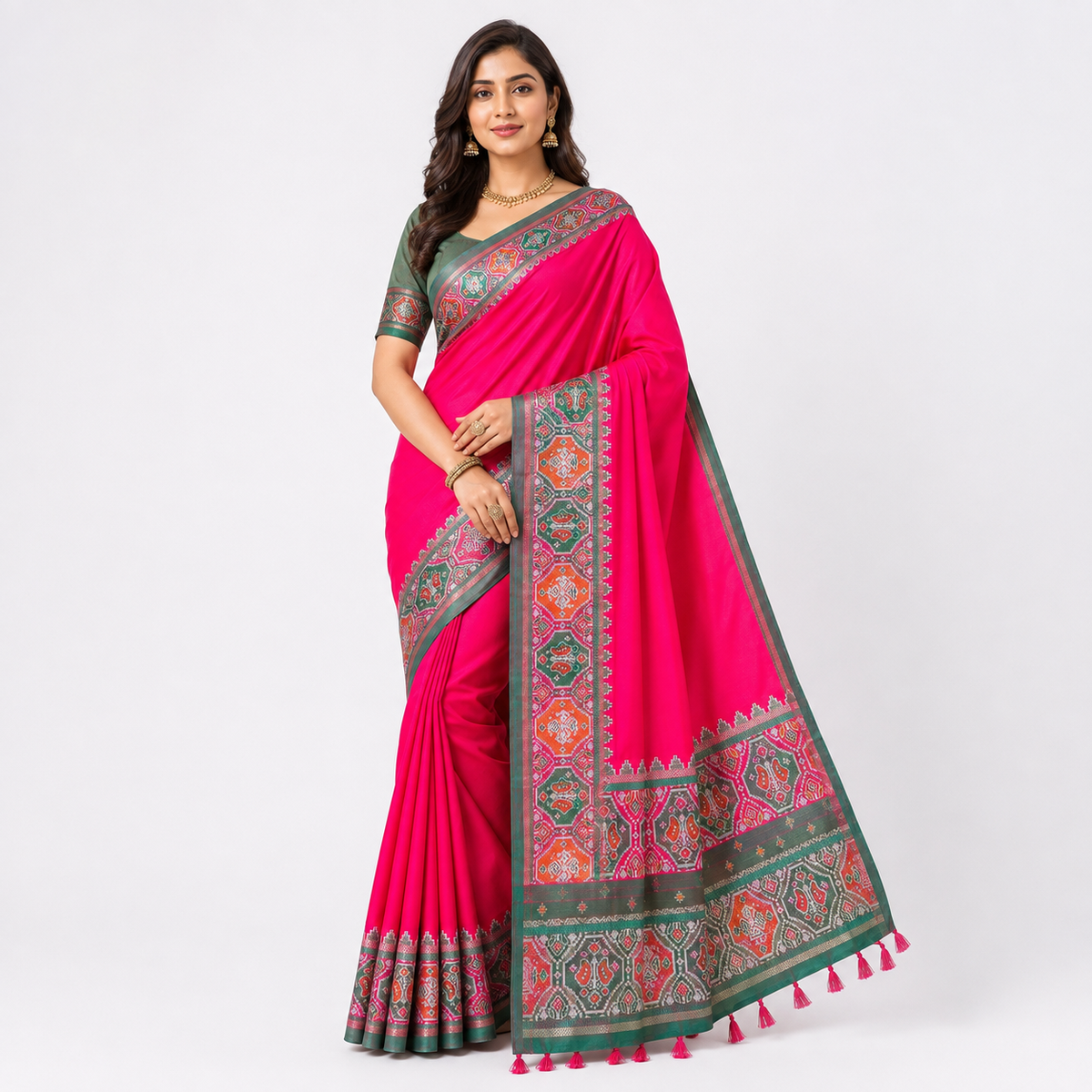 Pink Silk Saree with Green Border