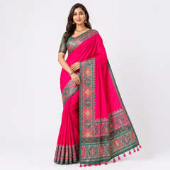 Pink Silk Saree with Green Border
