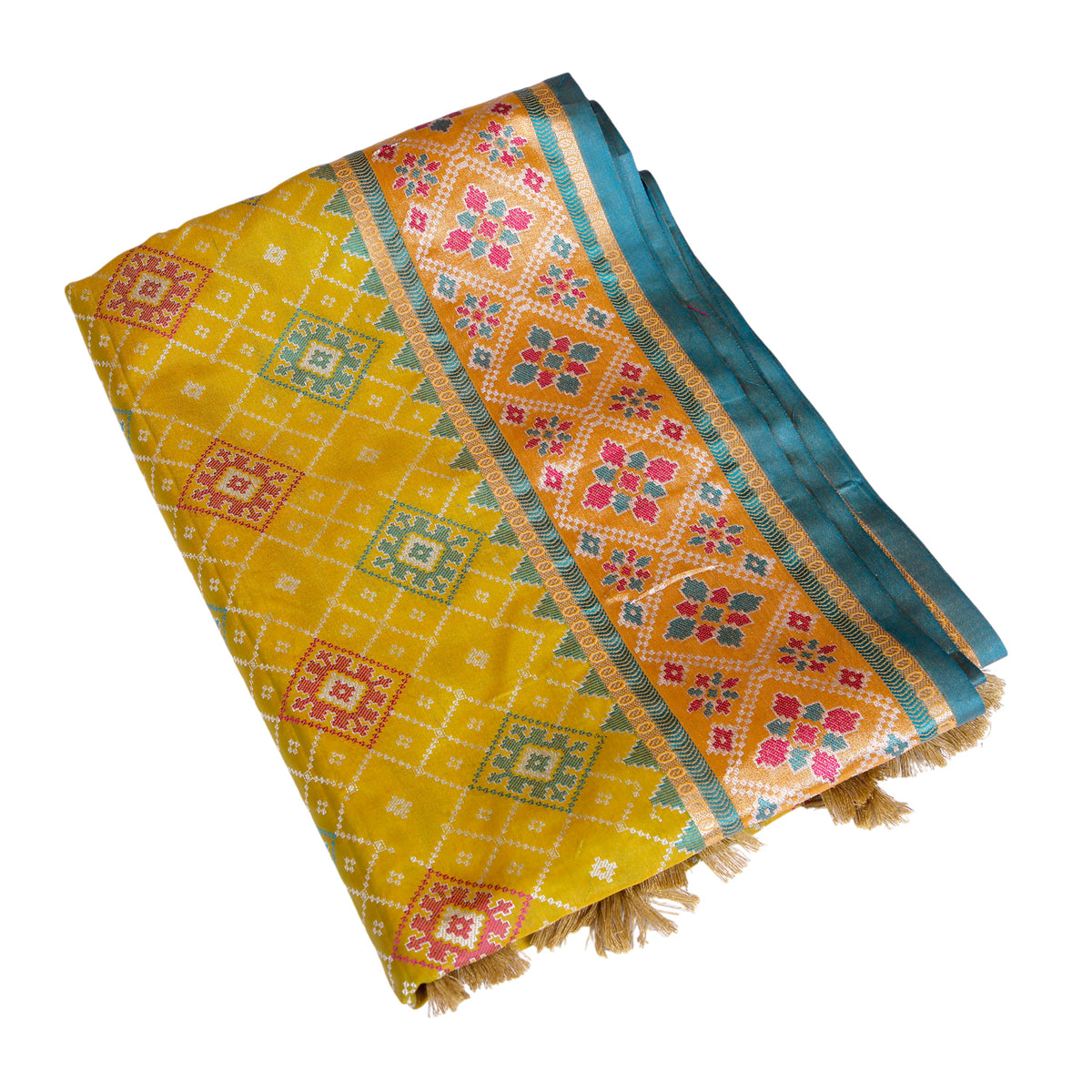Teal & Mustard Silk Saree with Zari Border