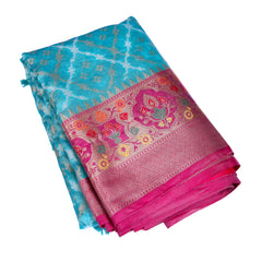 Turquoise Silk Saree with Pink Zari Border