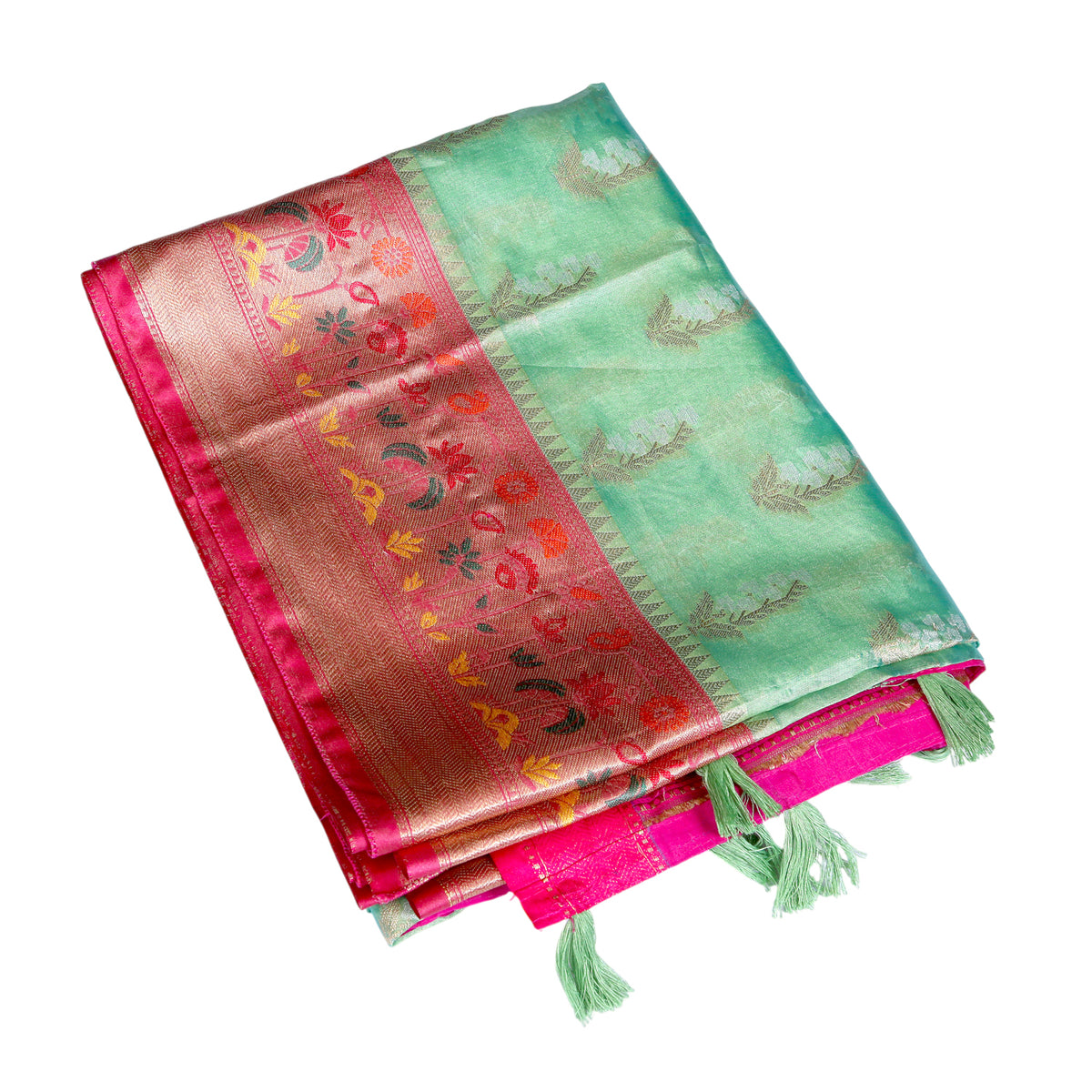 Mint Green Silk Saree with Pink Zari Border