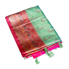 Mint Green Silk Saree with Pink Zari Border
