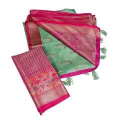 Mint Green Silk Saree with Pink Zari Border