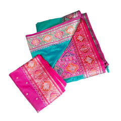 Teal Silk Saree with Pink Zari Border