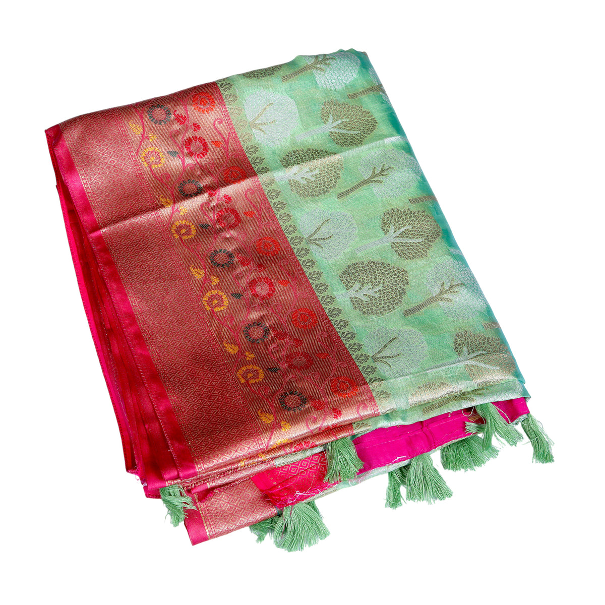 Pastel Green Silk Saree with Pink Brocade Border