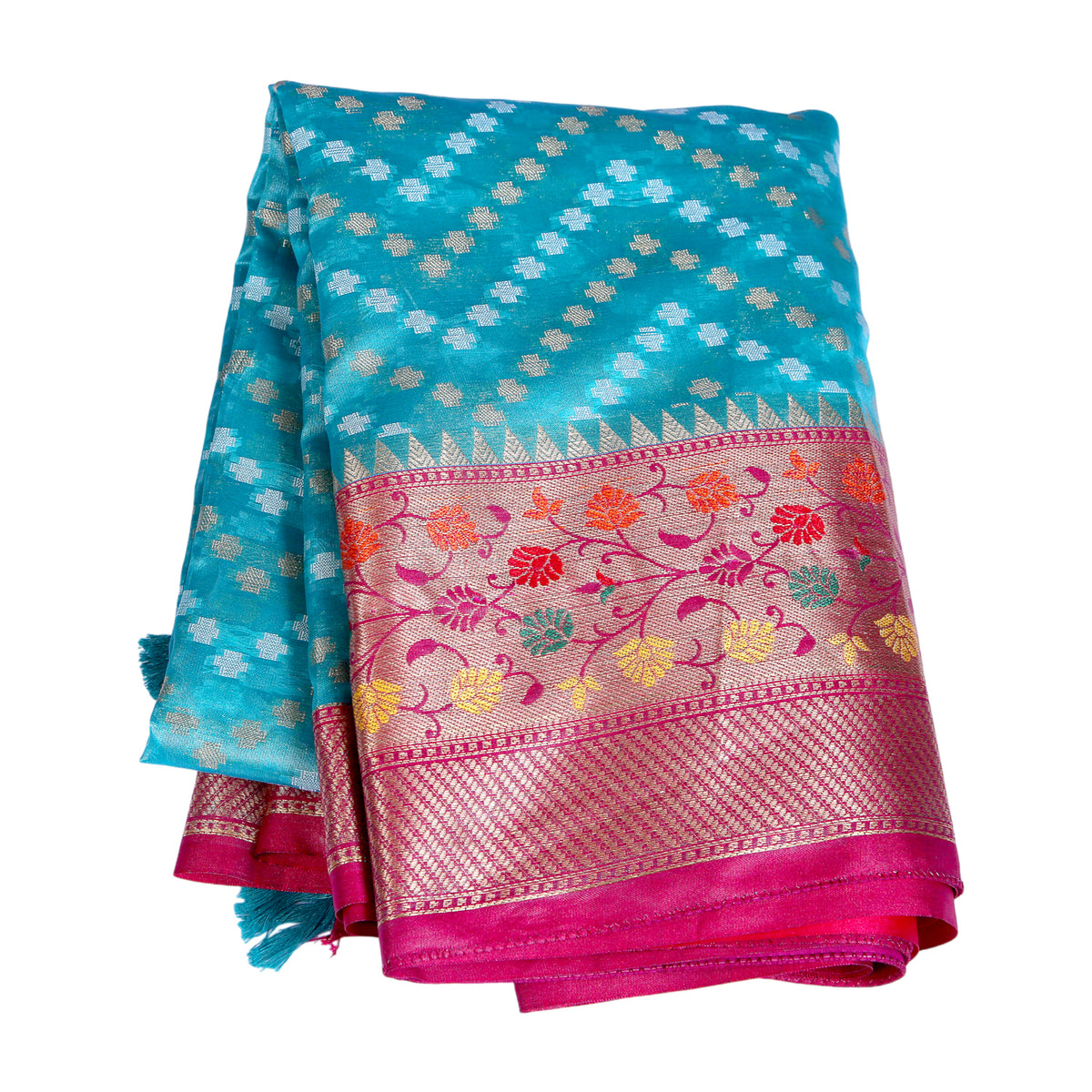 Sky Blue Silk Saree with Pink Zari Border