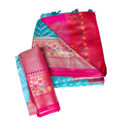 Sky Blue Silk Saree with Pink Zari Border