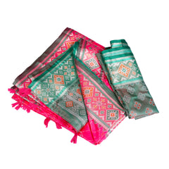 Dual Tone Pink & Green Silk Saree with Geometric Weave
