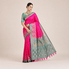 Dual Tone Pink & Green Silk Saree with Geometric Weave