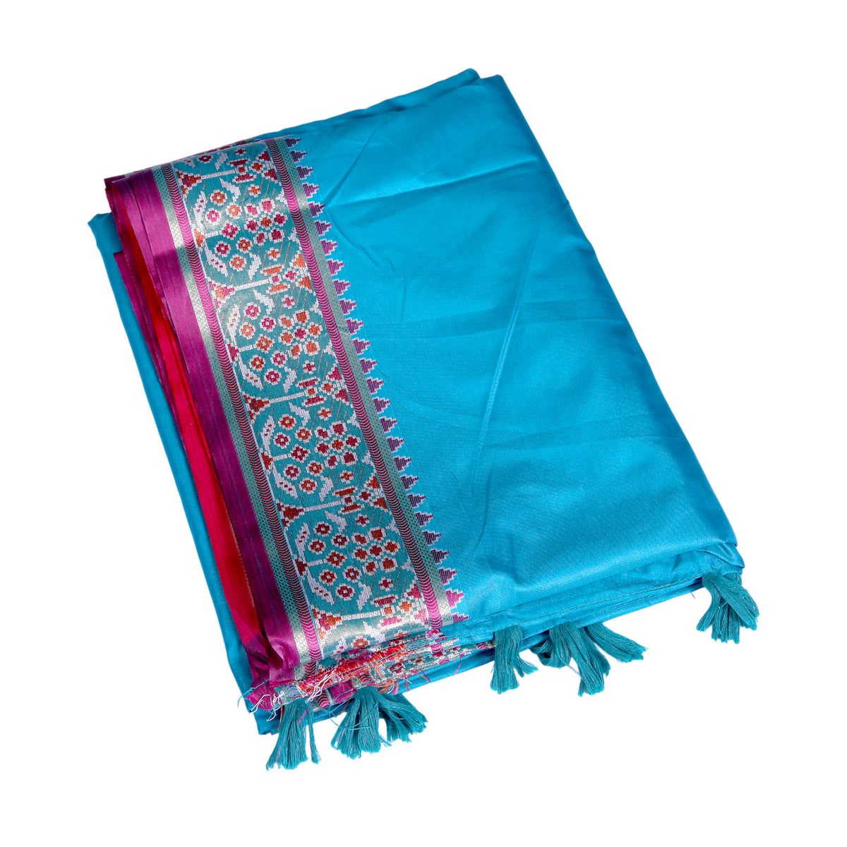 Turquoise Silk Saree with Pink Woven Border