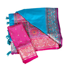 Turquoise Silk Saree with Pink Woven Border