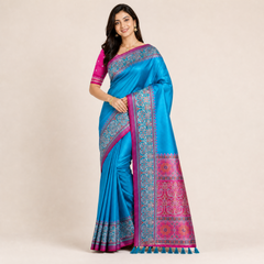 Turquoise Silk Saree with Pink Woven Border