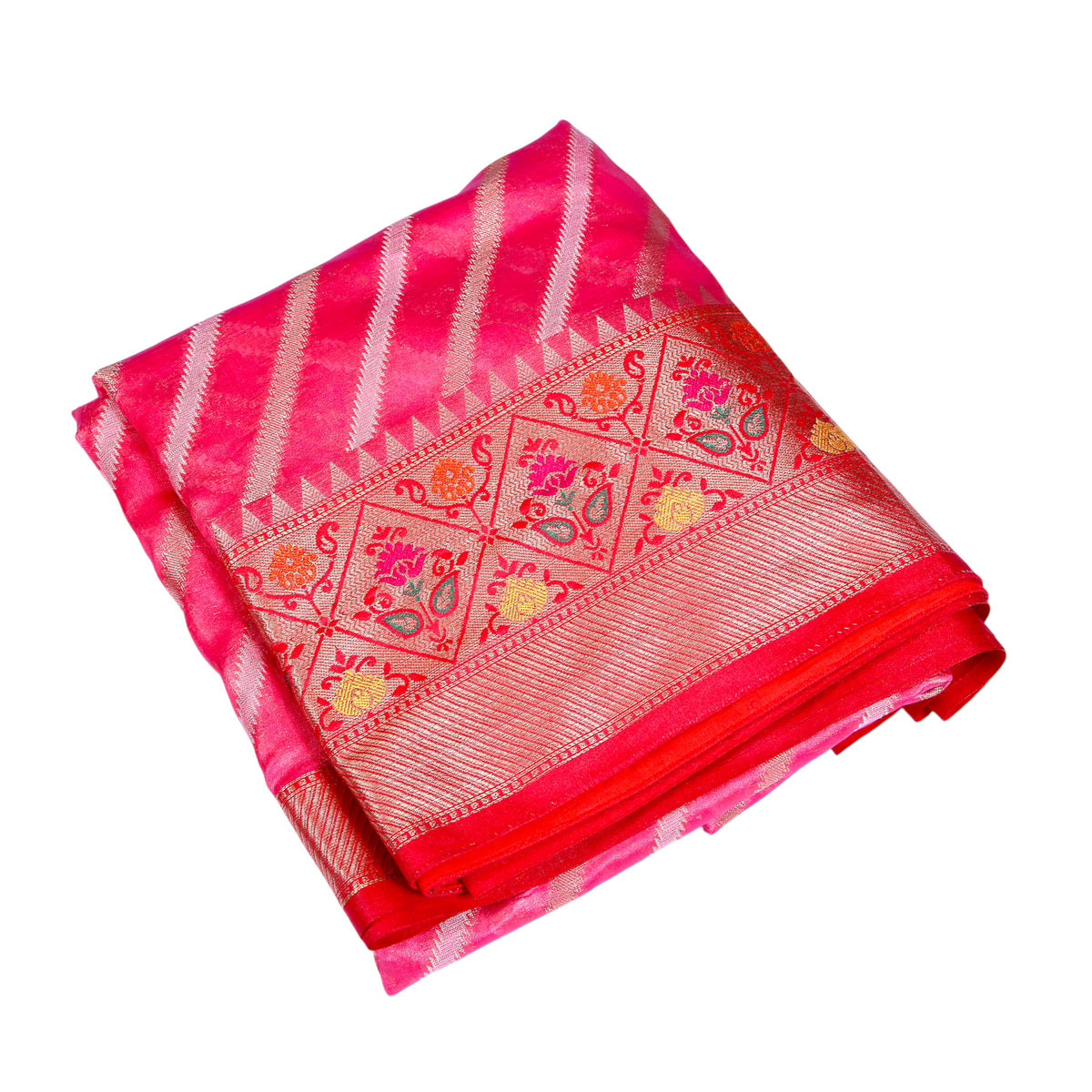 Rani Pink Silk Saree with Red Zari Border