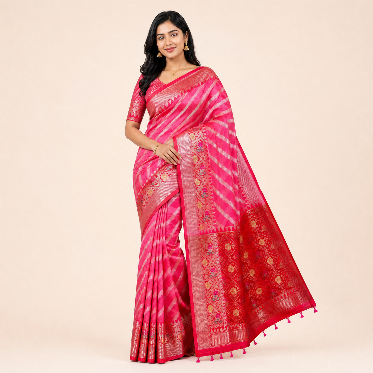 Rani Pink Silk Saree with Red Zari Border