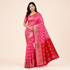 Rani Pink Silk Saree with Red Zari Border