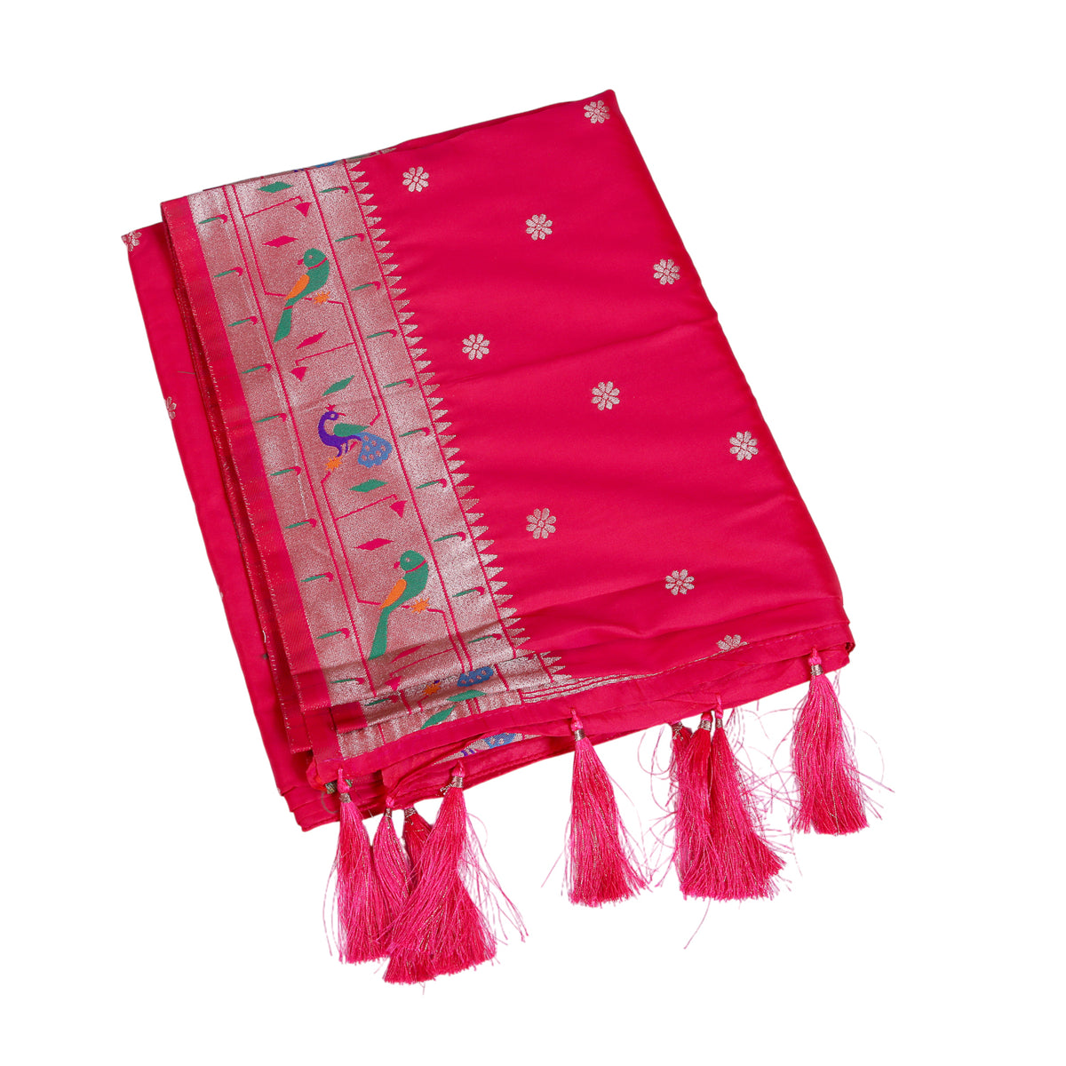 Rani Pink Silk Saree with Copper Zari Border & Bird Motifs