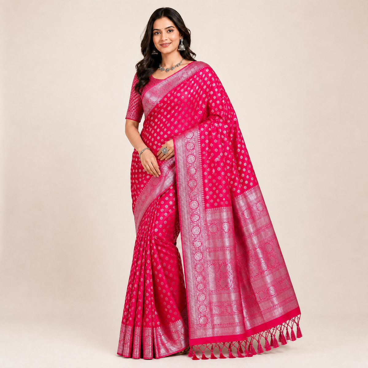 Red Silk Saree with Silver Zari Weave