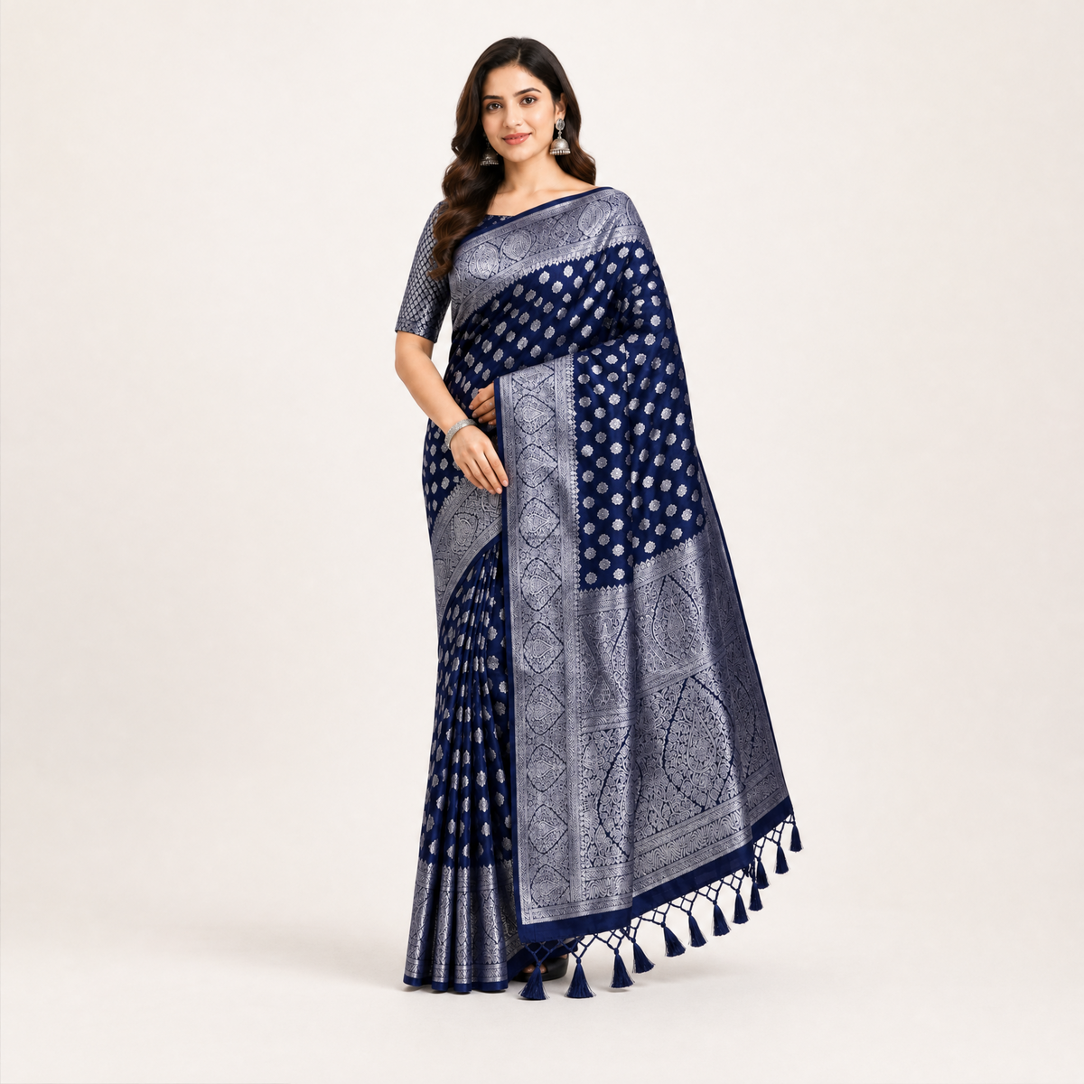 Navy Blue Silk Saree with Silver Zari Weave