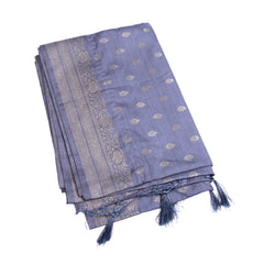 Steel Blue Silk Saree with Silver Zari Border