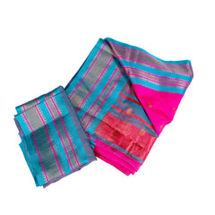 Teal & Magenta Silk Saree with Striped Zari Border