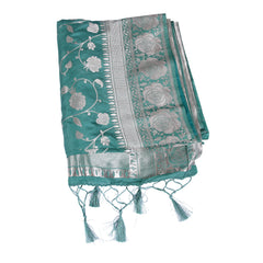 Teal Silk Saree with Silver Zari Floral Border