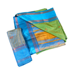 Blue & Green Contrast Silk Saree with Gold Pallu