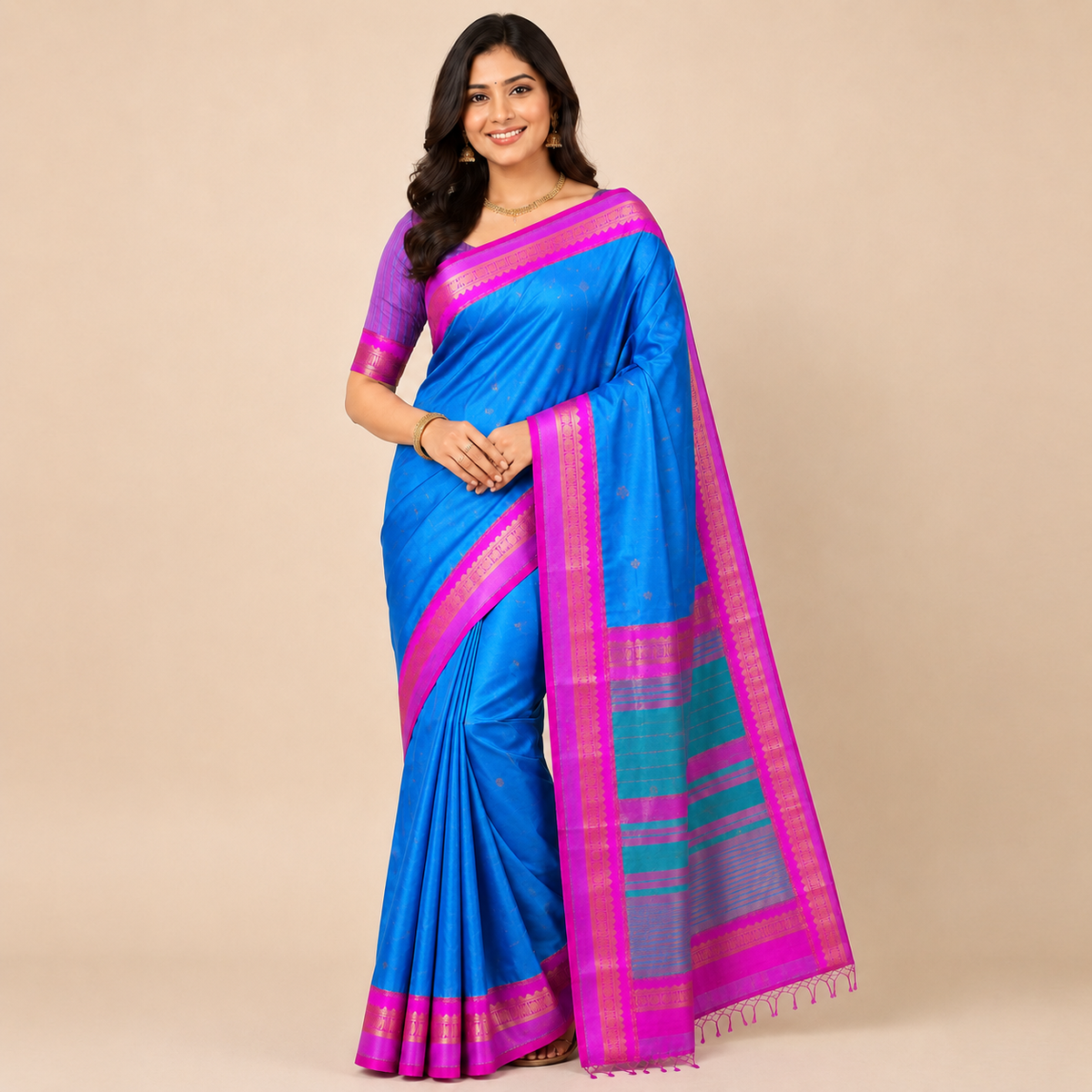 Blue & Pink Contrast Silk Saree