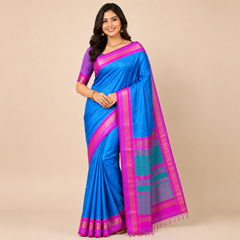 Blue & Pink Contrast Silk Saree