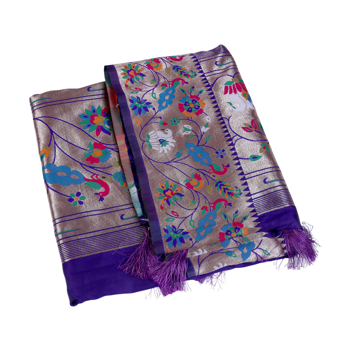 Purple Silk Saree with Multicolor Floral Weaving