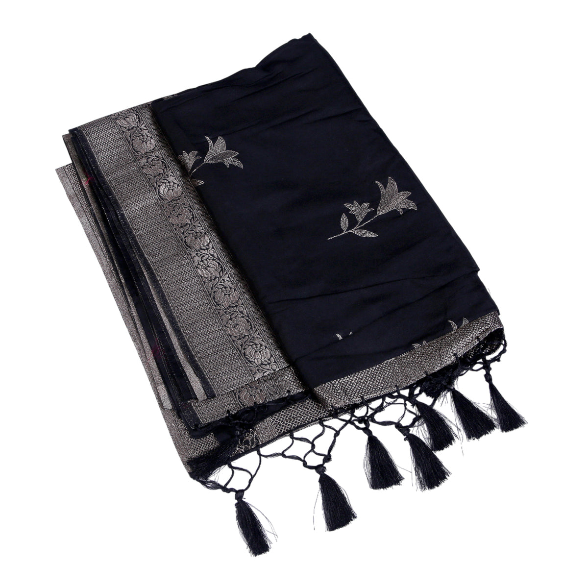 Black Silk Saree with Antique Silver Zari Work