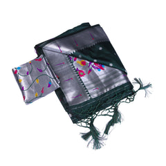 Emerald Green Silk Saree with Silver Zari & Multicolor Weaving
