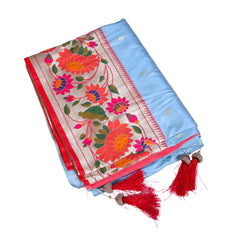 Sky Blue Silk Saree with Floral Multicolor Weaving