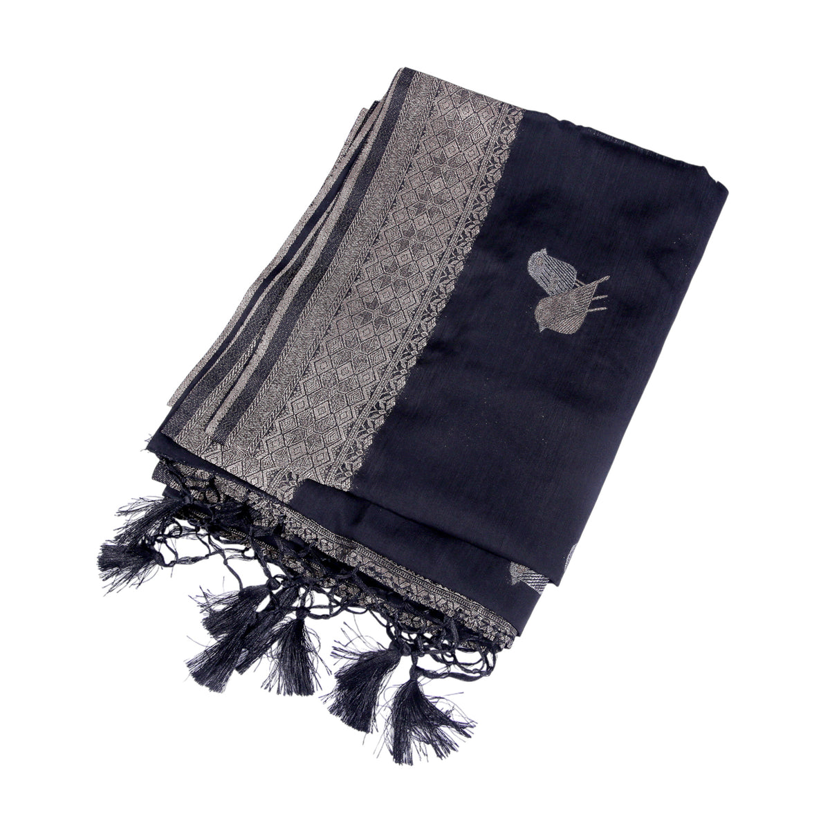 Classic Black Silk Saree with Geometric Silver Zari