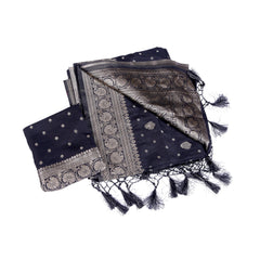 Navy Blue Silk Saree with Traditional Silver Zari Border