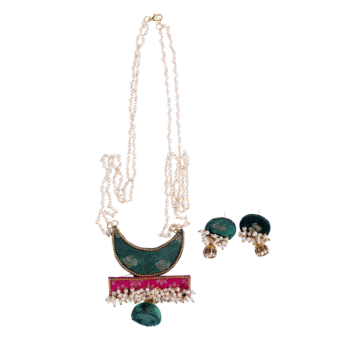 Fabric Silk Crescent  Necklace Set with Pearl Detailing