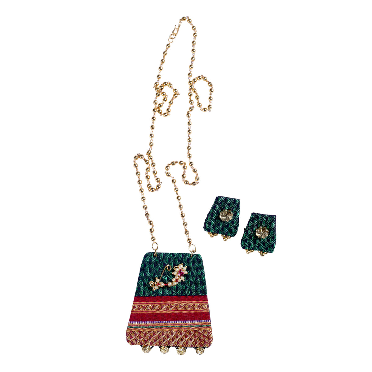 Handcrafted Khan Fabric Jewelry Set with Nath Motif