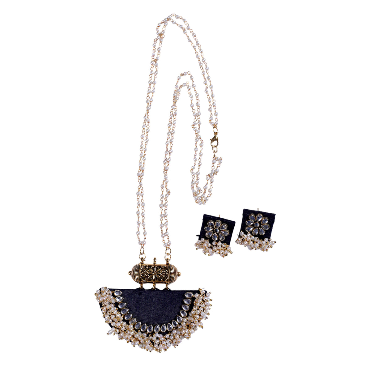 Indigo Fabric Jewelry Set - Pearl Kundan