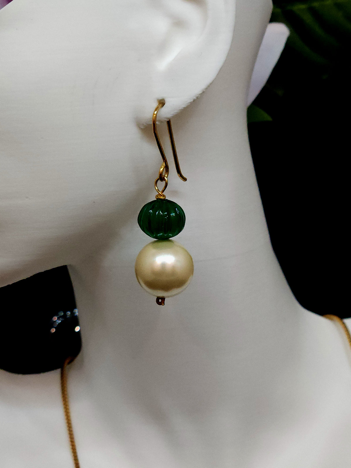 Plush Pearl and Green Stone Earrings
