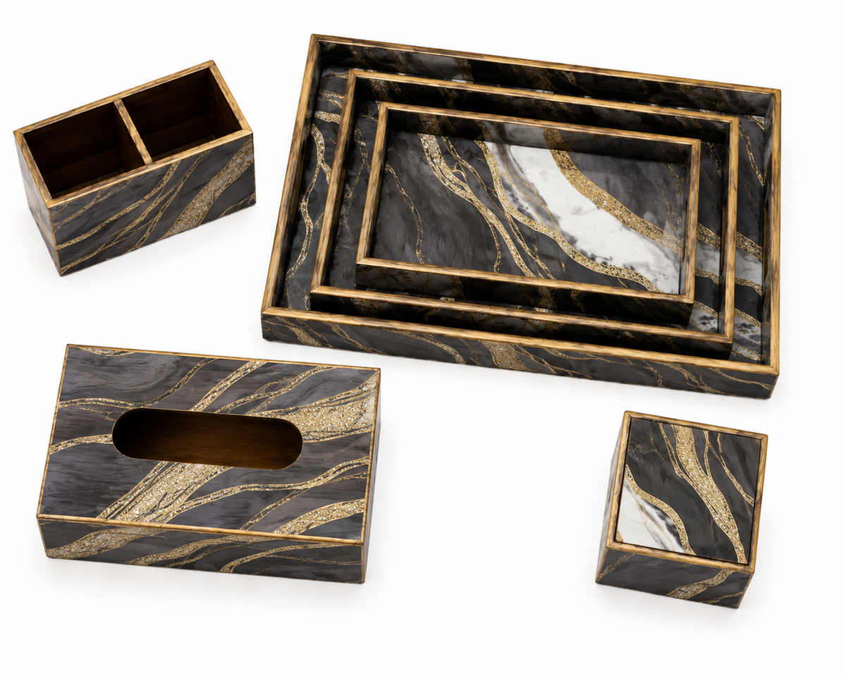 Noir Marble Home Décor & Organiser Collection |6-Piece Wooden Gift Set