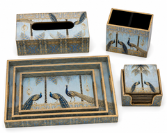 Blue & Gold Peacock Luxe Desk & Home Organiser Collection | 6-Piece Wooden Gift Set