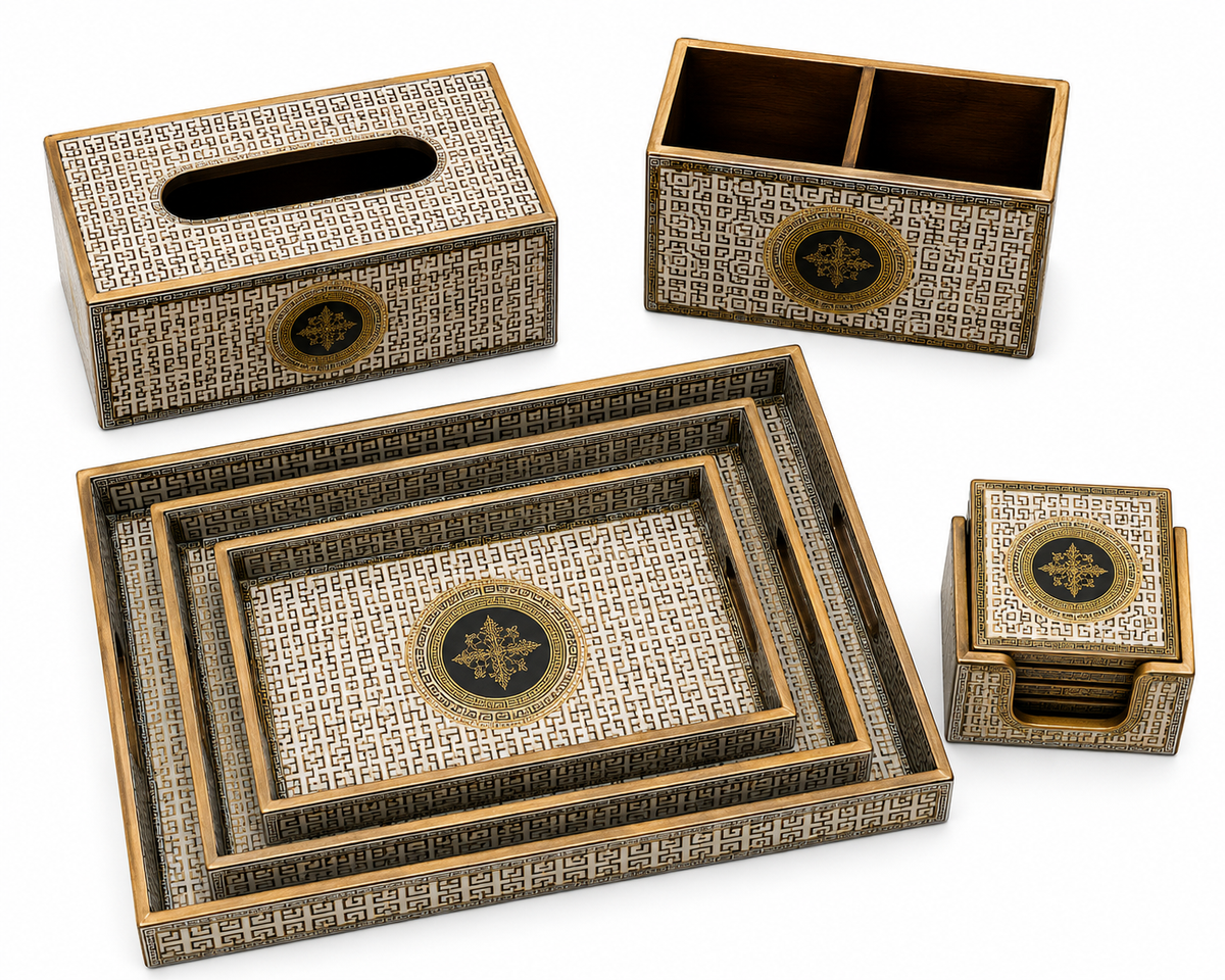 Ivory & Gold Medallion Luxe Desk & Home Organiser Collection | 6-Piece Wooden Gift Set
