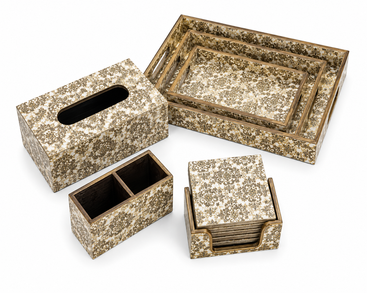 Ivory Floral Luxe Desk & Home Organiser Collection | 6-Piece Wooden Gift Set