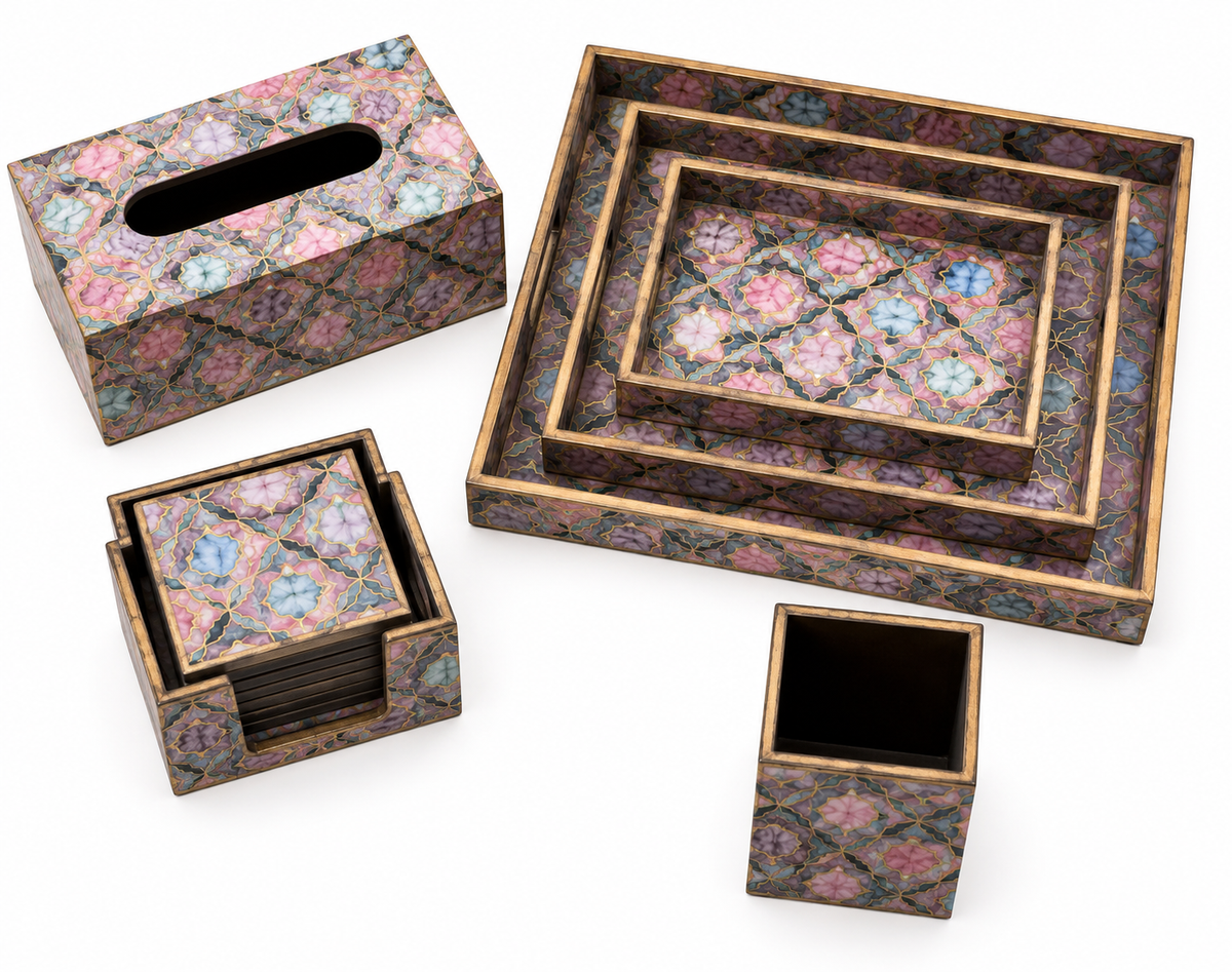 Aurora Mosaic Luxe Desk & Home Organiser Collection | 6-Piece Wooden Gift Set
